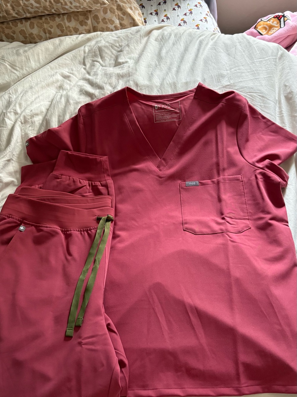 FIGS Women's Scrub Set in Berry Red with Olive Drawstring